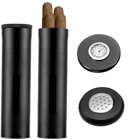 Wencili Cigar Travel Humidor Jar/Tube/Case Holds 3 Counts, Portable Alloy Airtight Cigar Storage Tube Built-in Hygrometer & Humidifier, Cigar Accessories Gifts for Men (Black)
