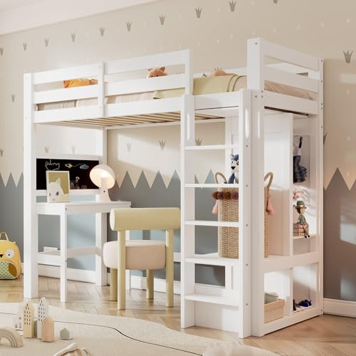 Kebnor Kinderbett Hochbett mit Schreibtisch Offener Kleiderschrank und Regalen Kinderbett mit Lattenrost und Rausfallschutz Einzelbett Liegefläche, Weiß(ohne Matratze) (90x200cm mit Schreibtisch)