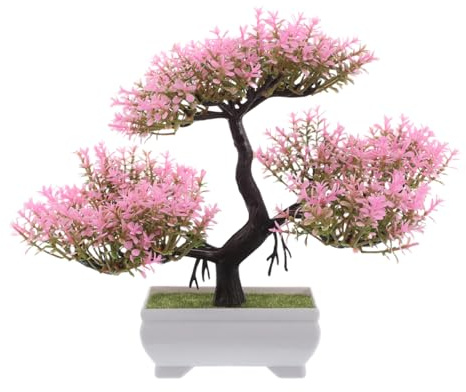 Mikikit Mini Artificial Bonsai Tree Pink Pine - Realistic Fake Potted Plant for Home and Office Table Decor - Japanese Style Zen Ornament for Desk, Shelf and Bedroom - Vibrant Pink