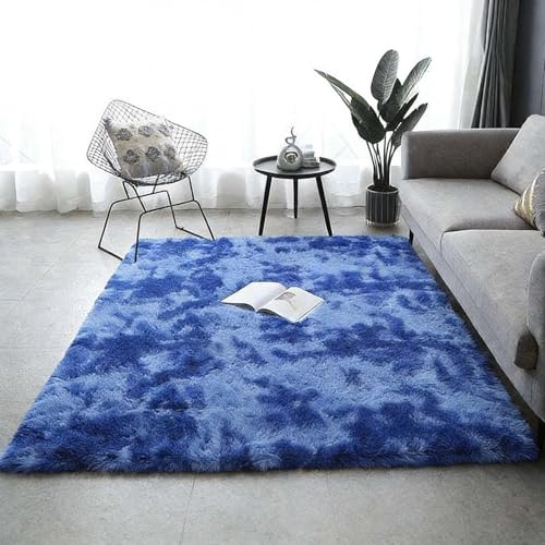 GUOYFEN Teppich Schlafzimmer 70 x 160 cm Hochflor Langflor Weich Rutschfester Extra Weicher Modernes Teppiche Matte Teppichen für Wohnzimmer, Kinderzimmer, Blau
