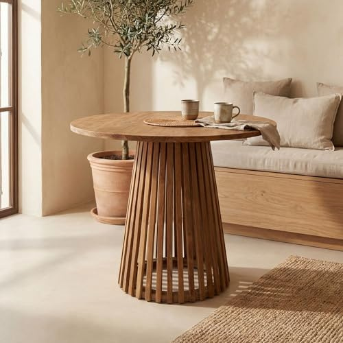 Licht-Erlebnisse Esstisch Teakholz rund Ø 80 cm x H: 75 cm Säulenfuß Handarbeit Unikat Japandi Design Esszimmertisch Bali
