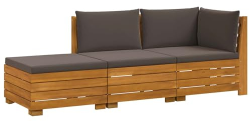 vidaXL Outdoor-Sofagarnitur mit Kissen 3 Stück Braun Massivholz Akazie, Akazienholz-Sofa, UV-beständiger Lounger, wetterfeste Couch, modulare Sitzgelegenheit für Gartenmöbel