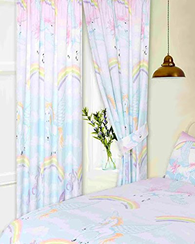 66 x 72 Unicorns Curtains With Tie Backs, BY MY HOME, Pencil Pleat, Novelty Unicorns Rainbows Clouds Sky, White Pink Blue Yellow Orange Lilac Purple