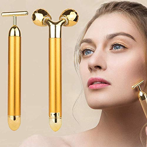 2-EN-1 Masseur de Visage 24k Golden Pulse Massage du visage du visage, 3D Roller Electric Sonic Energy et T Shape Arm Eye Nose Head Massager