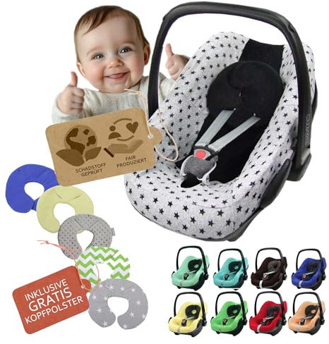 Frottee Sommerbezug [Schonbezug für Babyschale] Autositz kompatibel mit Maxi Cosi Pebble und Pebble Plus + GRATIS Kopfpolster (schwarz hellgrau schwarze Sterne)