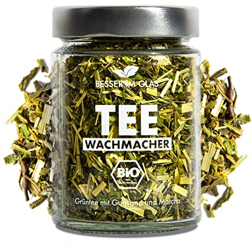 Besser im Glas Loser Grüner Tee Bio „Wachmacher“ | 45 Gramm Loser Grüntee ohne Beutel | Guarana Tee lose, vegan & nachhaltig | Tee Geschenk mit Koffein, Guarana & Matcha | Tea süß & ohne Zucker
