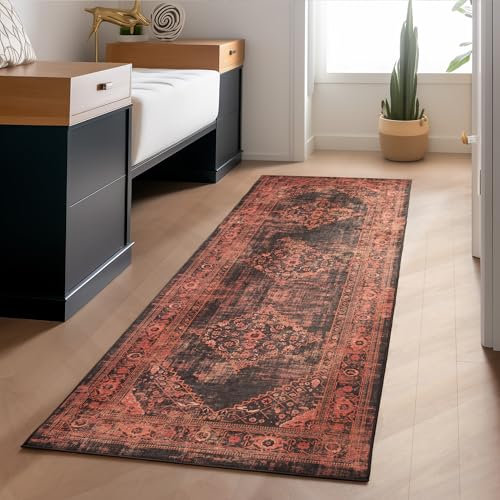 Waschbarer Teppich Flachgewebe Robust Modernes Design Vintage Optik rutschfest Teppich Wohnzimmer, Farbe: Rot, Größe: 80 x 150 cm