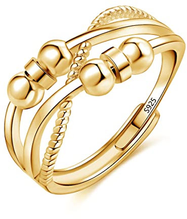 Josfeva Silber Anxiety Rings, 925 Sterling Silber Angst Ring, Offen Einstellbar Anti Stressring Dekompressionsringe mit Perlen, Unendlichkeit Gold Angstring Fidget Ring Zappelring für Anxiety Damen