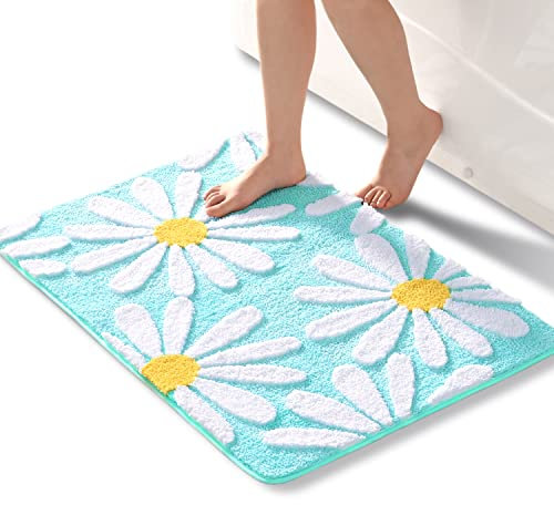 QJHOMO Grün Badezimmerteppich Niedliche Gänseblümchen Badematte rutschfest Waschbar Badteppich Weiße und Gelbe Blume Badvorleger Weiche Duschvorleger Absorbierende Badezimmer Teppich 60x90 cm
