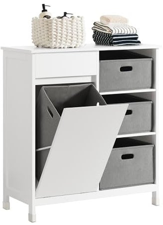 SoBuy Laundry Cabinet – Freestanding Bathroom Cabinet with Laundry Basket – Space-Saving Bathroom Storage Uint with Drawers – Storage Cupboard in Wood, Moisture-Resistant, White, 80x91x38cm, BZR77-W