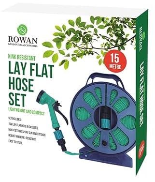 OTLCREATION Lay Flat Garden Hose Pipe & Reel with Spray Nozzle 15m Kink Resistant– Compact Hose Pipe Reel - Outdoor Mini Hose Gun with Adjustable Spray Gun - Hose Pipe & Reel Easy Storage for Garden