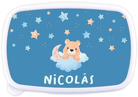LolaPix Fiambrera infantil. Caja merienda bebe, niños, colegio. Regalos personalizados. Apta para microondas y libre de BPA, filatos y metales pesados. Osito nubes