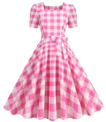 Robe Rockabilly Pin Up à Carreaux Audrey Hepburn 1950s - Robe De Cocktail Vintage à Bretelles - Jupe Mi-Longue Trapeze Pour Femmes