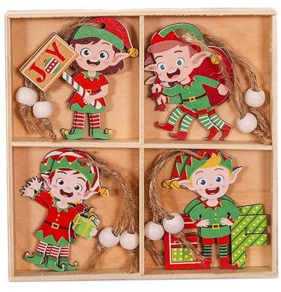 Amagogo 12 Stück Holz-Weihnachtsschmuck-Anhänger, dekoratives Geschenk, Weihnachtsbaum-Hängedekorationen für Kamin, Festival, Party, Elfe