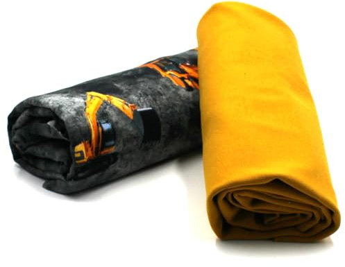 VmG-Store Jerseystoff Set farblich abgestimmt Design + Uni je 0,5mx1,5m 95% Baumwollstoff 5% Elasthan Tex Standard 100 (Baufahrzeuge + Senf Set16)