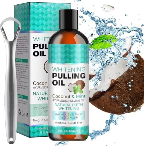 Bain De Bouche À L'huile De Noix De Coco Naturelle Et À La Menthe Poivrée Avec Gratte-Langue, Huile De Menthe Poivrée Pour Blanchir Les Dents, Haleine Fraîche Et Gencives Saines, 237 Ml