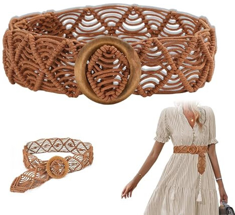 1 Stück Geflochtene Taille Gürtel, Gewebter Boho-Gürtel mit Holzschnalle,Wax Cord Hohler Taillengürtel,Ethnische Stil Mode Accessoires für Damen (Braun)
