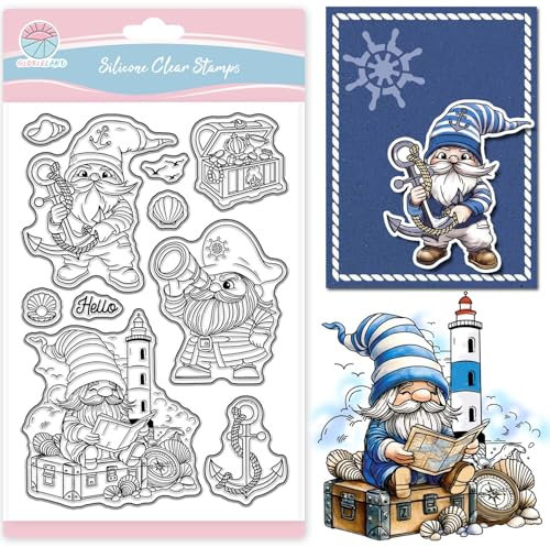 GLOBLELAND Klare Stempel Mit Segelzwerg Für Scrapbooking Anker Leuchtturm Silikonstempel Schatztruhe Stimmung Transparenter Stempel Für Die Kartengestaltung DIY Prägung Journaling
