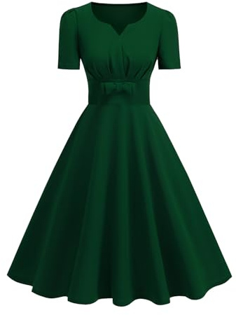 OMEWEE Vestidos formales para mujer, manga corta, cuello en V, vestido de cóctel, fiesta de té, elegante vestido de noche para invitada de boda, verde oscuro, L