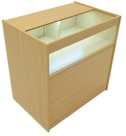Maple Shop Counter LED Light B 900mm Lockable Sliding Doors 2 Keys Retail Storage Unit Display Showcase Cabinet Reception Desk Clothing Jewellery Store 3 Shelves 1 Glass 2 Enclosed White Lighting