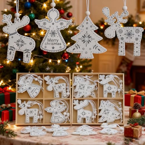 HERZONE 24pcs Holzanhänger Weihnachten Holz Engel Rentiere Holzanhänger Weihnachtsbaum Weihnachten Weihnachtsanhang Holz für Weihnachtsbaum (weiß grau B)