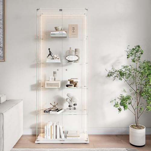 MASAJIA Vitrine aus Glas mit 2 Türen, 5 Etagen, Möbel aus LED-Glas mit Schloss, Glasschrank mit Vitrinenschrank, auf Standfuß, für Sammlung, Vitrine, Säule, Wohnzimmer, Schlafzimmer, Bar