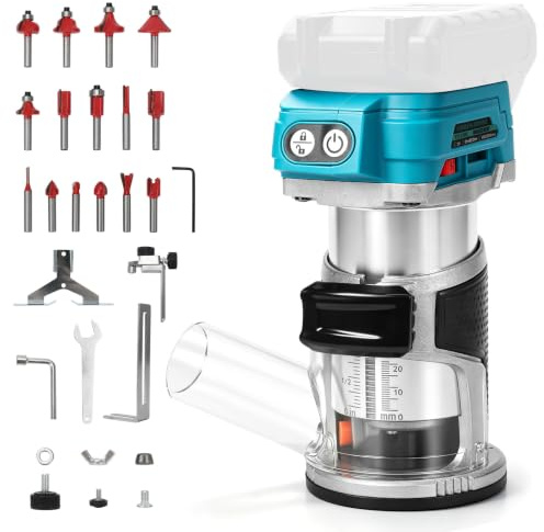 Akku Oberfräse kompatibel mit Makita 18V-Akku (ohne Batterie) | 900W, Bürstenloser Elektro-Kantenfräser, mit 6 Geschwindigkeiten, gerader Führung, Führungsrolle, 15 Fräsern, 2 Spannzangen
