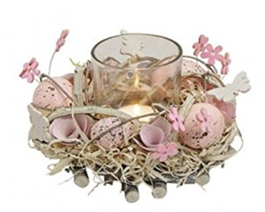 Frühling- Ostergesteck mit Windlicht - aus Holz mit schöner Dekoration - Kranz Gesteck - Ø15h10cm (Rosa)