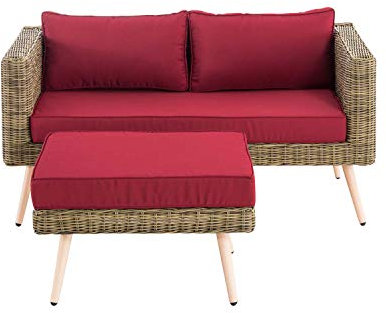 CLP Polyrattan 2er Sofa MOLDE mit Fußhocker I Natura I Loungeset Rundrattan I Gartensofa mit Hocker I 5mm Rattandicke | Farbe rubinrot Sitzhöhe/Farbe 40 cm (Lightbrown)