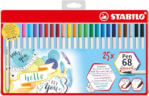 STABILO - Premium-Filzstift mit Pinselspitze für variable Strichstärken - Pen 68 brush - 25er Metalletui mit Hängelasche - mit 19 verschiedenen Farben