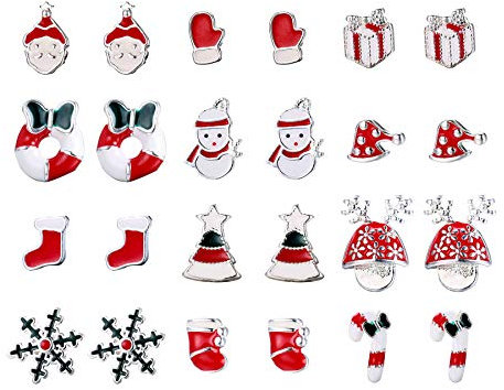 CASSIECA 12 Paare Edelstahl Weihnachten Ohrstecker für Damen Mädchen Kinder Ohrring Süß Fest Urlaub Santa Schneeflocke Schneemann Candy Set Geschenk Piercing Ohr