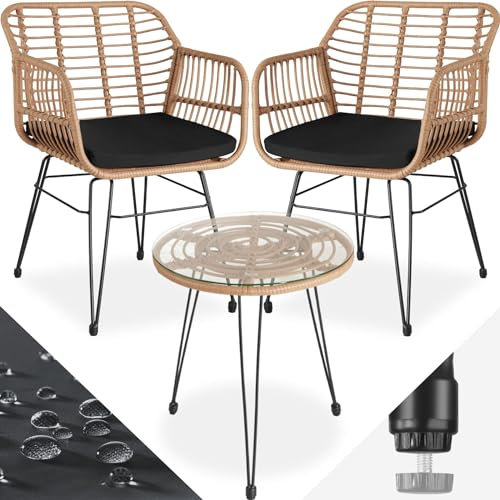TecTake® Salon de Jardin Extérieur en Poly Rotin 2 Personnes Ensemble Fauteuils Salon et Table de Jardin, Coussins Amovibles Inclus, Amenagement Balcon Terrasse