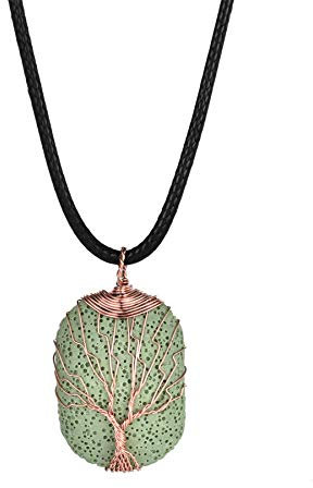 JewelryWe Lebensbaum Halskette für Damen Herren: Grün Natürliche Vulkansteine Platinierter Messingdraht Handgemacht Wicklung Baum des Lebens Anhänger mit Verstellbarer Leder Kette