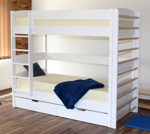 Casa Padrino Luxus Massivholz Kinder Etagenbett Weiß/Naturfarben 211 x 98 x H. 185 cm - Multifunktions Kinderbett mit Leiter und Sprossenwand - Kinderzimmer Möbel