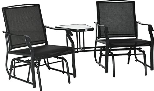 Outsunny Outdoor Double Glider Rocking Chairs with Glass Top Middle Table, Metal Gliding Love Seat Conversation Furniture with Breathable Mesh Fabric Seat, for Garden, Patio, Black