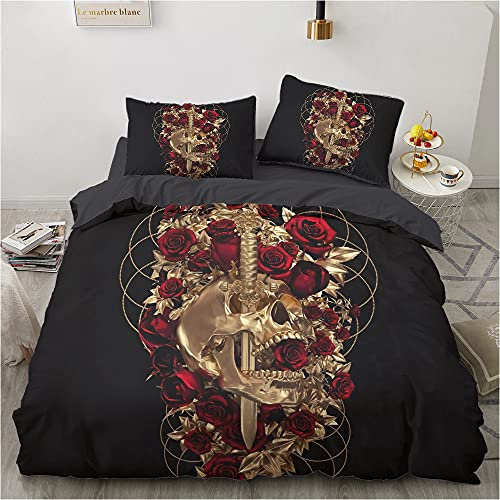 Luowei Bettwäsche Skull 135x200cm Schwarz Gold Schädel Rosen Bettbezug Set 2 Teilig Weiche Microfaser 3D Bettbezug mit Reißverschluss und 1 Kissenbezug 80 x 80cm