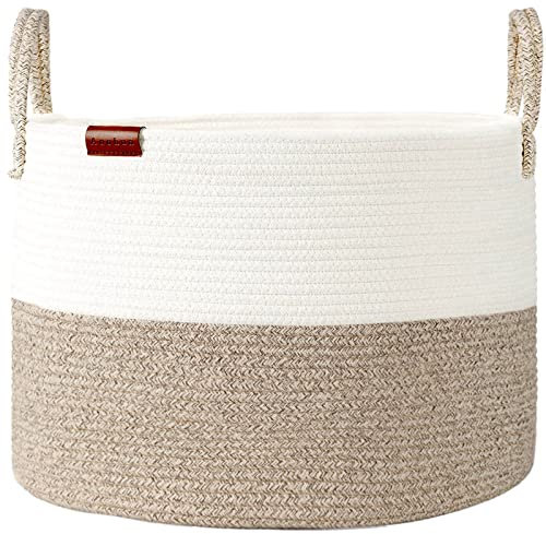 Aoohun Extra Large Laundry Basket, Collapsible Woven Storage Basket Natural Cotton Rope Basket Baby Nursery Organiser with Handle for Storage Towel Toy Blankets Desert 50 x 33 cm