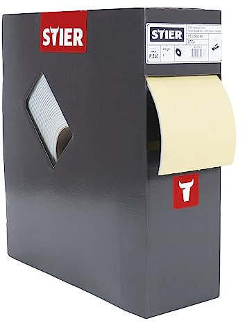STIER Schleifpapier auf Schaumunterlage P240, 115x92mm Rollenlänge: 25m, für Lack-Reparatur, Profile, Wölbungen, praktische Box mit Abrisshilfe immer griffbereit