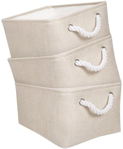 Mangata Stoff Aufbewahrungsboxen, Faltbare Aufbewahrungsbox mit Seilgriffen für Regale, Schrank, Kleiderschrank, 3er-Pack (Elfenbeinfarben, M)