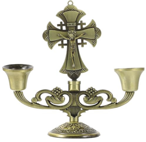DOITOOL Leuchter Der Christlichen Kirche Jesus Kreuz Kruzifixfiguren Abschlepparm Kandelaber Mit 2 Zweigen Religiöses Christus-Statue Zinklegierung Kerze Esstisch