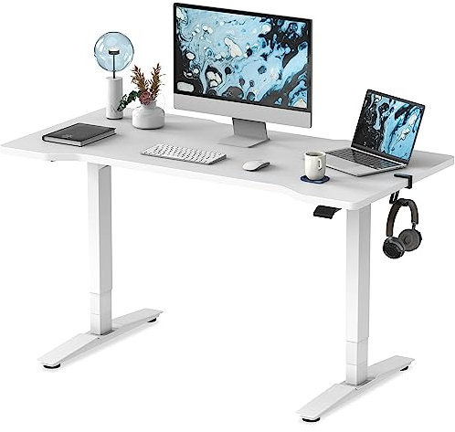 Fenge Height Adjustable Standing Desk Dual Motor Electric Sit Stand Desk 140x70cm Whole Piece Desktop Home Office Computer Table, Unique Integrated Controller,White Desktop+White Leg