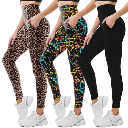 SINOPHANT Sport Leggings Damen mit Taschen, High Waist Sportleggins Lang Blickdicht Laufhose Fitnesshose Sporthose Yogahose für Yoga Sport(#3er Pack Schwarz/Leopard/Farblinie,S-M)
