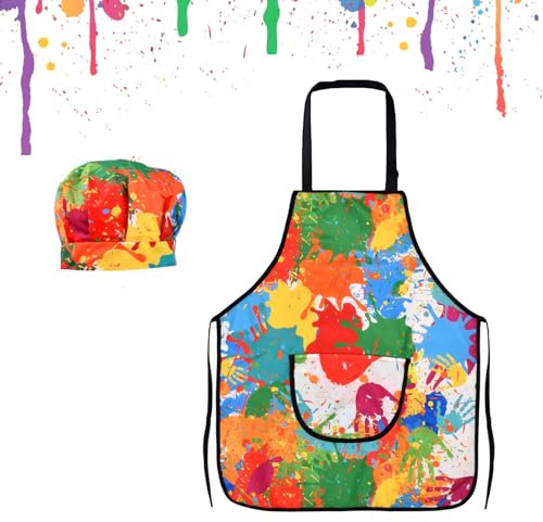 Wasserdicht Kinder Malkittel, Kochschürze Kinder Jungen Mädchen, Malschürze Kinder mit Hut Verstellbare, 3-11 Jahre Kinder Koch-Set Kochschürze für Jungen Mädchen Basteln Malen Backen Kochen (XL)