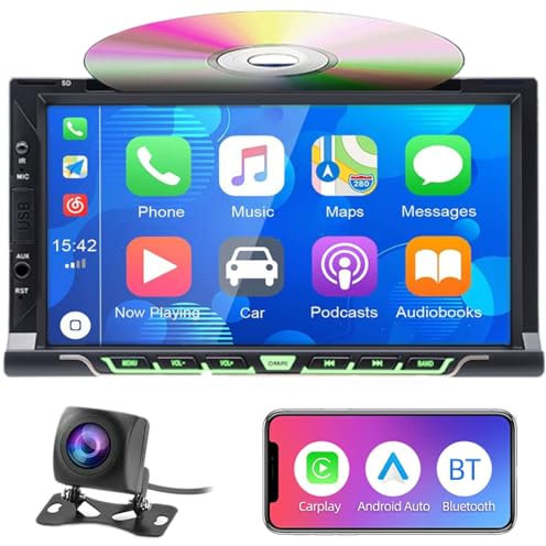 Autoradio Double Din de 7 pour CarPlay sans Fil & Android Auto, récepteur Lecteur CD/DVD pour Voiture avec écran Tactile, Bluetooth, caméra de recul, RDS/AM/FM,Mirror Link,Subwoofer,USB/AUX/SWC/DSP