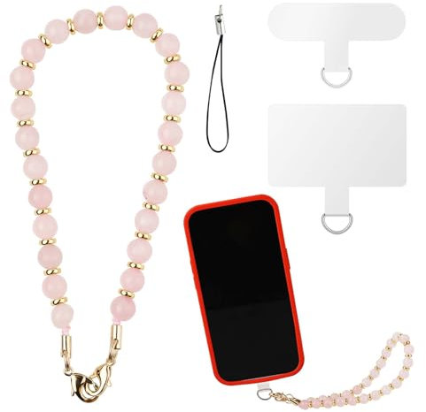 Dragonne de Téléphone Pierre Perlée, Dragonne de Lanière de Téléphone Portable Détachable Charme de Téléphone Perles de Pierre de Cristal avec 2 Onglets d'Attache pour Femmes (Blanc)
