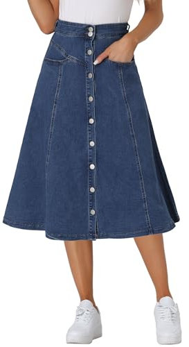 Allegra K Damen Denim Rock Dehnbar Hoher Taille Knopfleist Lang Jeansrock A-Linie Tasche Midirock Mittel Blau S