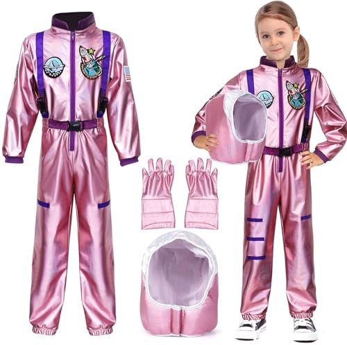 G.C Rosa Astronaut Kostüm für Kinder Mädchen Astronaut Overall mit Helm Handschuhe Weltall Raumfahrer Rollenspiel Halloween Cosplay Party Karneval Kostüm Faschingskostüme (L, 12-14 Jahre)