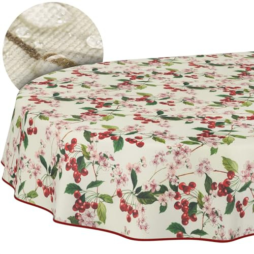 Tischdecke Stoff abwaschbar Tischtuch Tafeldecke pflegeleicht Lotuseffekt schmutz- & wasserabweisend für Indoor Outdoor Tischdecke Oval 180x140cm mit Saum (Eingefasst) Kirsche
