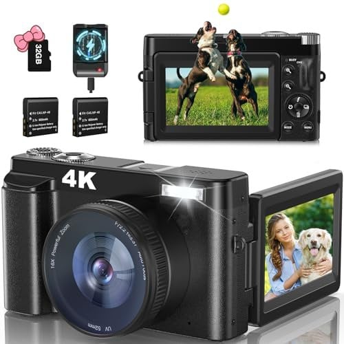 Fulealfly Fotocamera Digitale 4K 48MP 32GB 3 180° Flip Schermo Flash Zoom 16X Compatta per Principiante