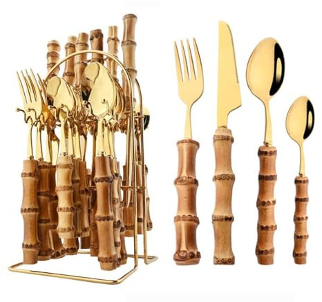 Royal Shang Youpin Véritable Manche en Bambou Cuisine en Acier Inoxydable Argenterie Vaisselle Couverts Couverts Couteaux Fourchettes Cuillères Ensemble Maison (Or,24 pièces/Range-Couverts)